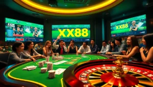 Experience the excitement of betting with XX88 at a vibrant casino table showcasing cards and chips.