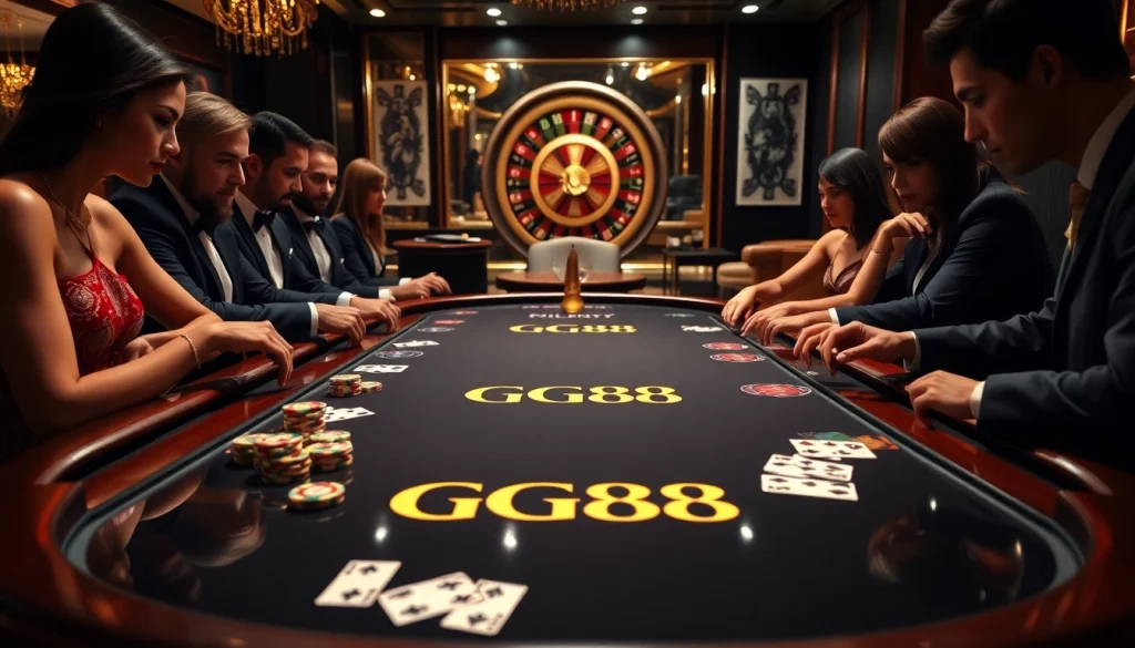 Players enjoying a thrilling game at the GG88 poker table in a luxurious casino setting.
