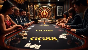 Players enjoying a thrilling game at the GG88 poker table in a luxurious casino setting.