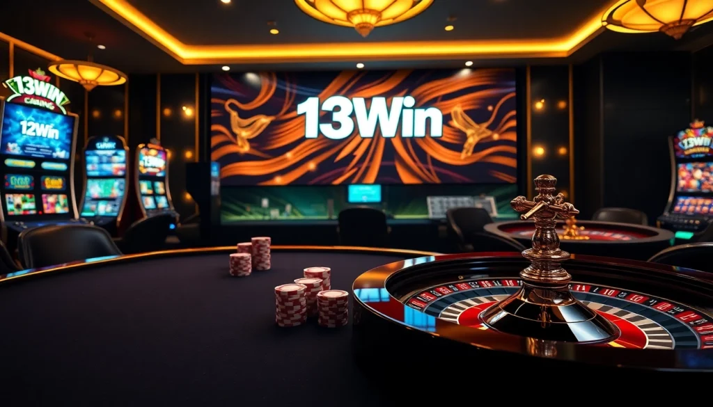 Experience the excitement of 13Win with vibrant gambling visuals featuring poker tables and slot machines.