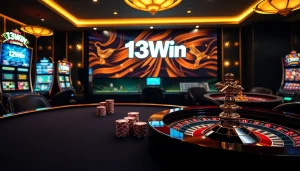 Experience the excitement of 13Win with vibrant gambling visuals featuring poker tables and slot machines.