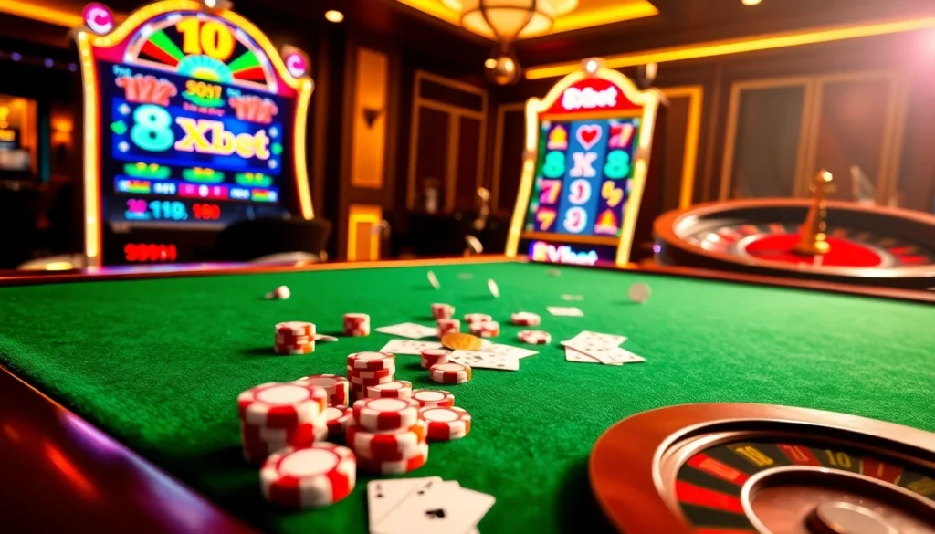Experience the excitement of 8Xbet with a luxurious casino setting featuring roulette and slot machines.