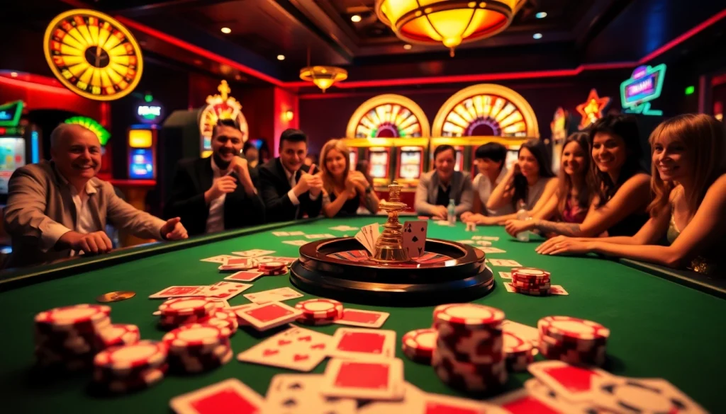 Experience the thrill of winning at luck8 in this vibrant casino scene featuring poker, roulette, and slot machines.