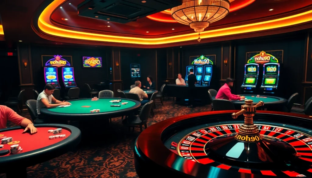 Nohu90 players enjoying intense poker games at a luxury casino table.
