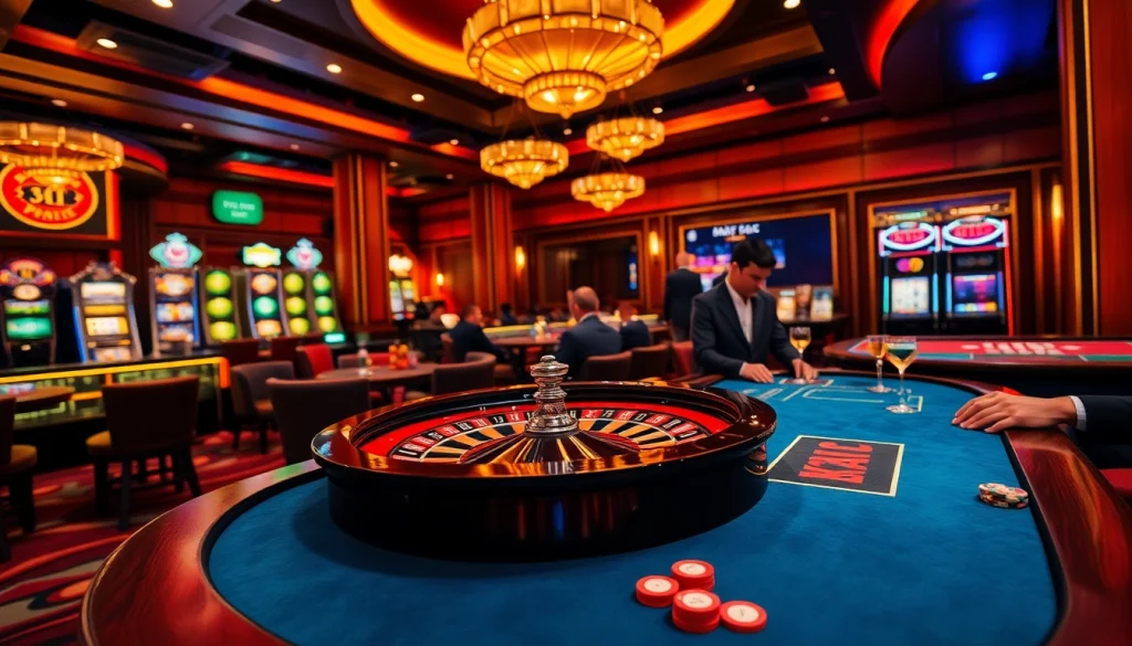 Players enjoy high-stakes gambling at a luxurious casino inspired by https://hanoiculturetravel.com/ with vibrant roulette and poker tables.