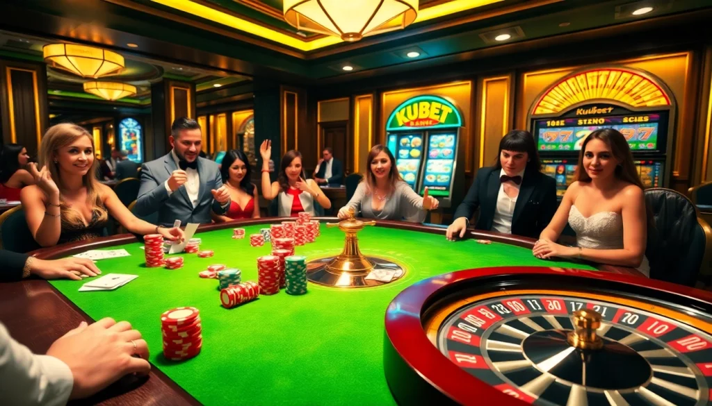 Kubet players engaging in a high-stakes game at a luxurious casino table filled with chips and cards.