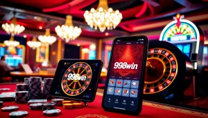 Engaging gamblers with app 98win interface displayed amidst vibrant casino elements.