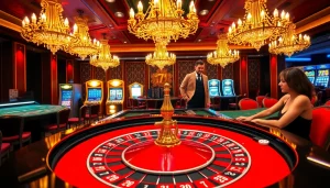 Experience high-stakes gameplay at 79king's luxurious casino featuring a roulette table and elegant players.