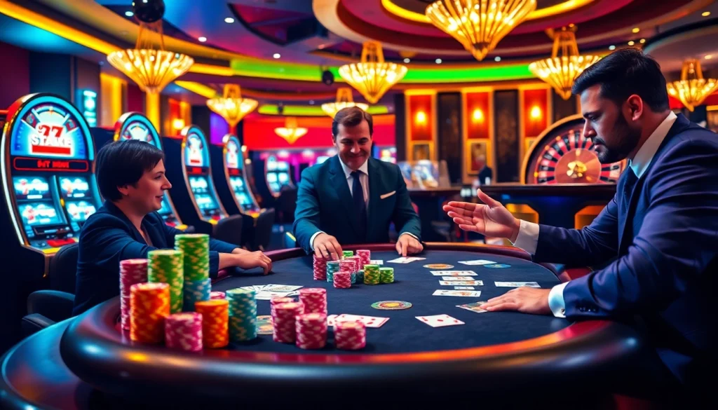 הצטרפו לפעילות קזינו מרגשת בזמן ששחקנים מניחים את ההימור שלהם על שולחן פוקר תוסס, מואר באורות הקזינו.