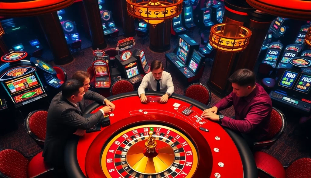 Players engaging in high-stakes poker at 789P casino with vibrant decor and a roulette wheel.