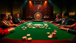 Players enjoying an exciting poker game at 88i casino with vibrant cards and chips on the table.