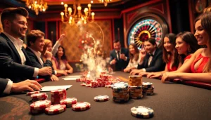 Winning players around a luxurious table in a vibrant casino scene, showcasing bettysweeps reviews excitement.