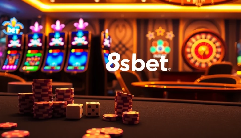 Engaging scene of online gambling with 8s bet branding, showcasing luxury casino elements.
