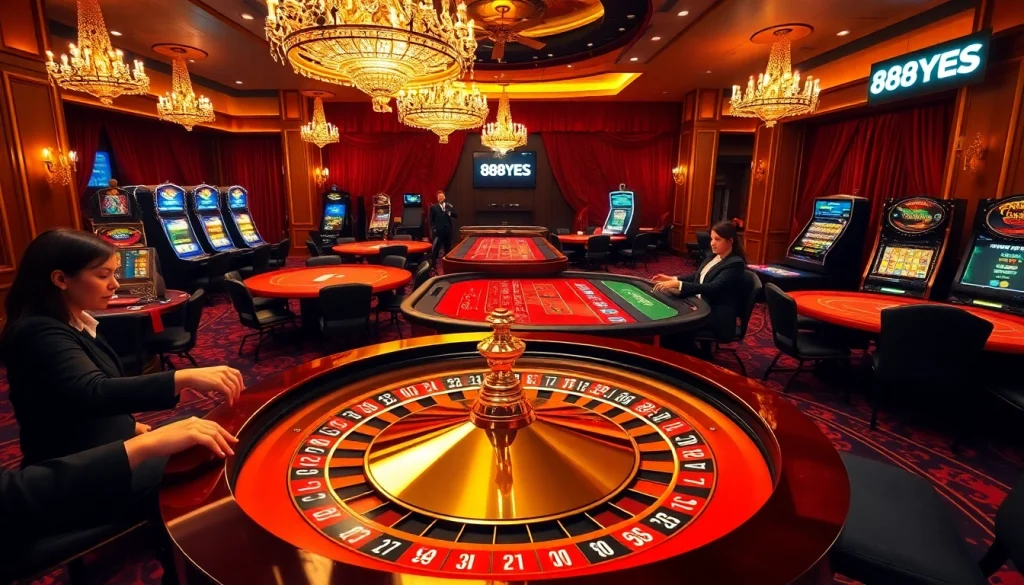 Players engaging in a thrilling game of roulette at an upscale casino while showcasing 888YES excitement.