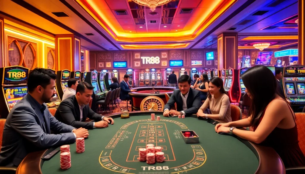 Experience the excitement of online gaming at TR88.COM with vibrant casino visuals depicting luxury and engagement.