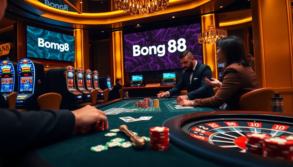 Bong88 casino experience with poker chips on a vibrant table and an engaging dealer.
