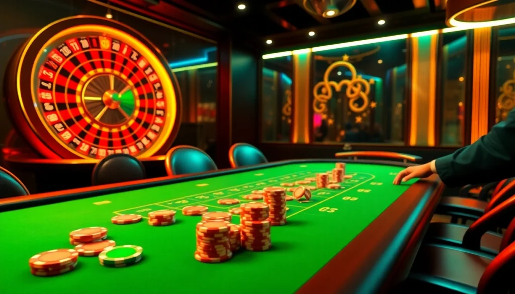 Experience the thrilling energy of gambling at https://mm88.observer/ with players enjoying blackjack and roulette in a vibrant, luxurious setting.