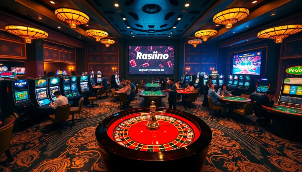 Winning players logging in at a vibrant casino filled with roulette wheels and slot machines.