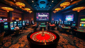 Winning players logging in at a vibrant casino filled with roulette wheels and slot machines.