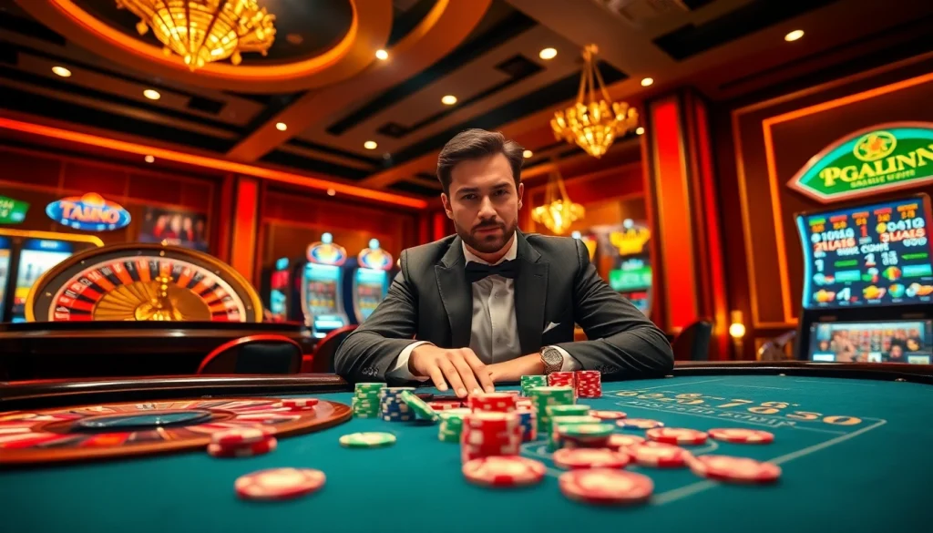 Engaged player at a lively casino table showcasing khuyến mãi uu88 promotions with stylish poker chips.