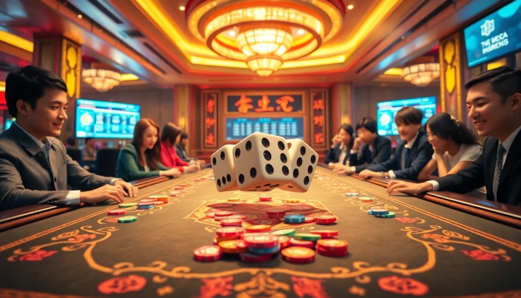 Players engaging in an exciting game of Taixiu with colorful dice and vibrant casino ambiance.