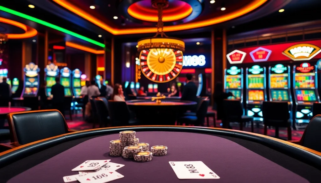 M88 casino scene showcasing luxury poker tables and vibrant slot machines.