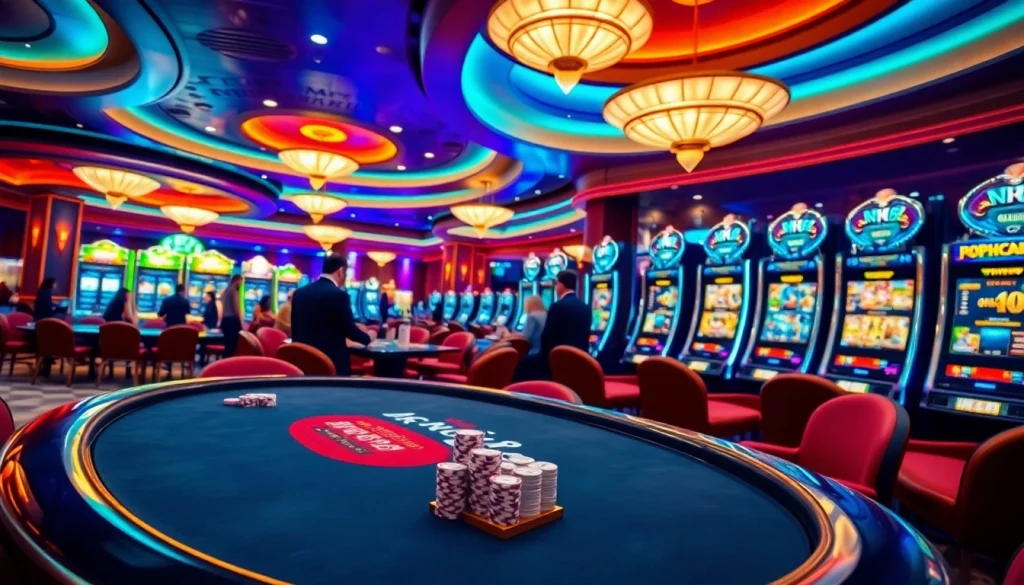 Engaging live dealer at NK88 casino with vibrant poker table and slot machines.