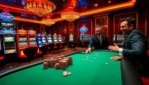 KUBET casino scene featuring engaging players at roulette and blackjack tables, creating a vibrant atmosphere.