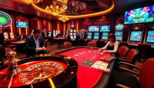 Engaging casino scene with players enjoying roulette and poker at https://ok8386.sh/ showcasing excitement and luxury.