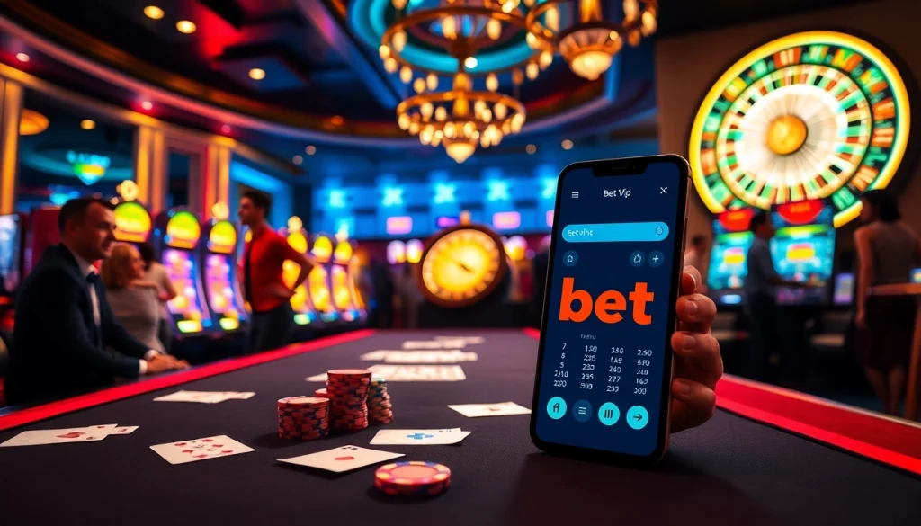 Trải nghiệm cảm giác hồi hộp của ứng dụng Bet VIP trong một cảnh sòng bạc sang trọng với bài, chip và bánh xe roulette.