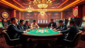 DH88 gaming scene at an upscale casino with poker players and vibrant atmosphere.