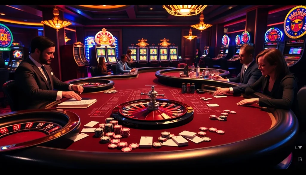 Engaging casino players at a MK8 poker table with vibrant chip stacks and roulette excitement.