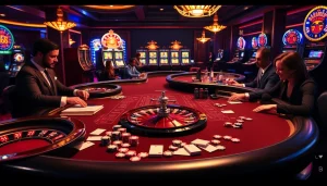 Engaging casino players at a MK8 poker table with vibrant chip stacks and roulette excitement.