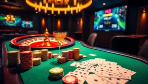 Exhilarating MK8 online gambling scene featuring poker chips, cards, and roulette wheel for a thrilling experience.