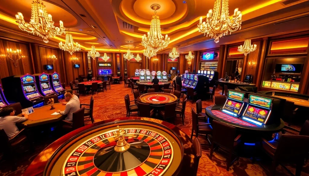 B52club in an upscale casino featuring poker tables, vibrant slot machines, and an exciting roulette wheel atmosphere.