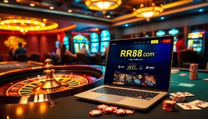 Playing poker and betting on https://rr88sn.com/ in a luxurious casino setting with a roulette wheel.