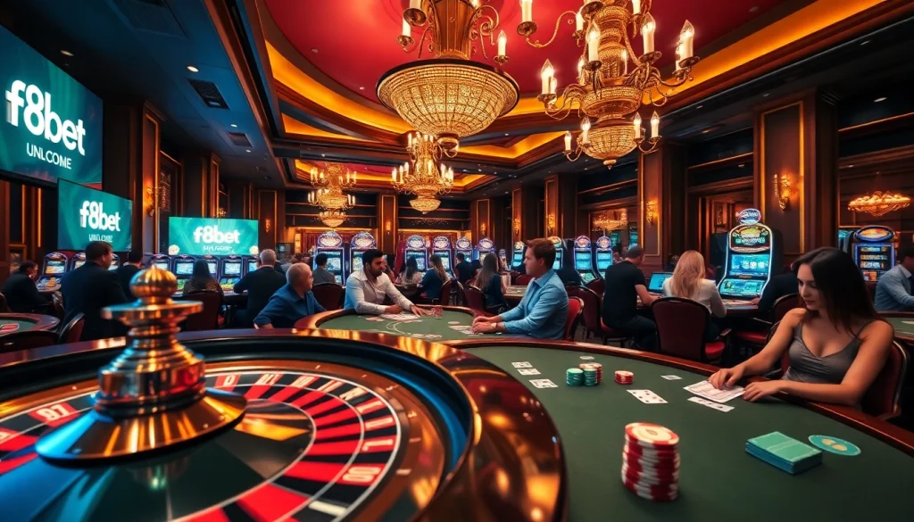 Experience the excitement of F8bet with players immersed in various casino games, from poker to roulette.