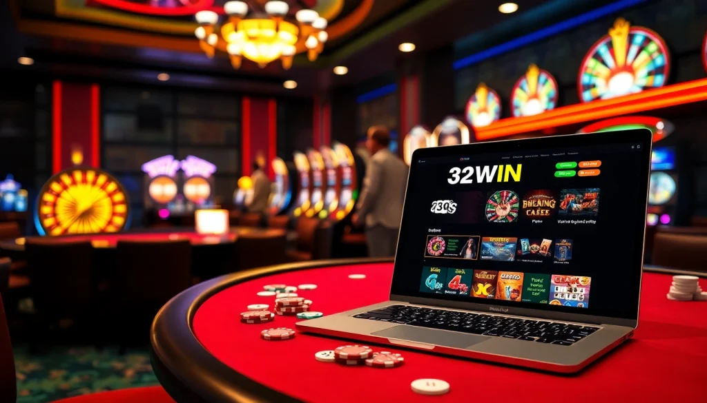 Betting excitement at 32WIN Com with vibrant casino elements including poker chips and slot machines.
