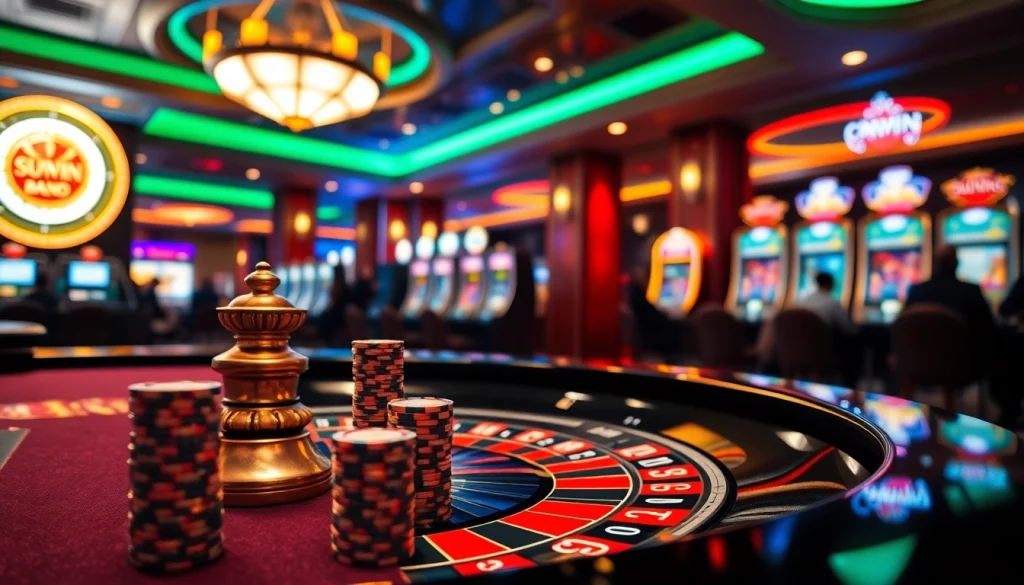 Exciting gaming atmosphere with Sunwin slot machines and roulette tables that spark thrill.