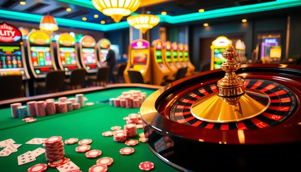 Experience the thrill of bem88 with a lavish casino environment featuring roulette, poker chips, and slot machines.