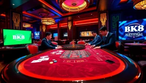 Exciting BK8THAI casino table featuring vibrant cards, chips, and a roulette wheel in a luxurious setting.