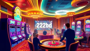 Players enjoying thrilling gambling at the 222bd casino with vibrant slot machines and poker tables.