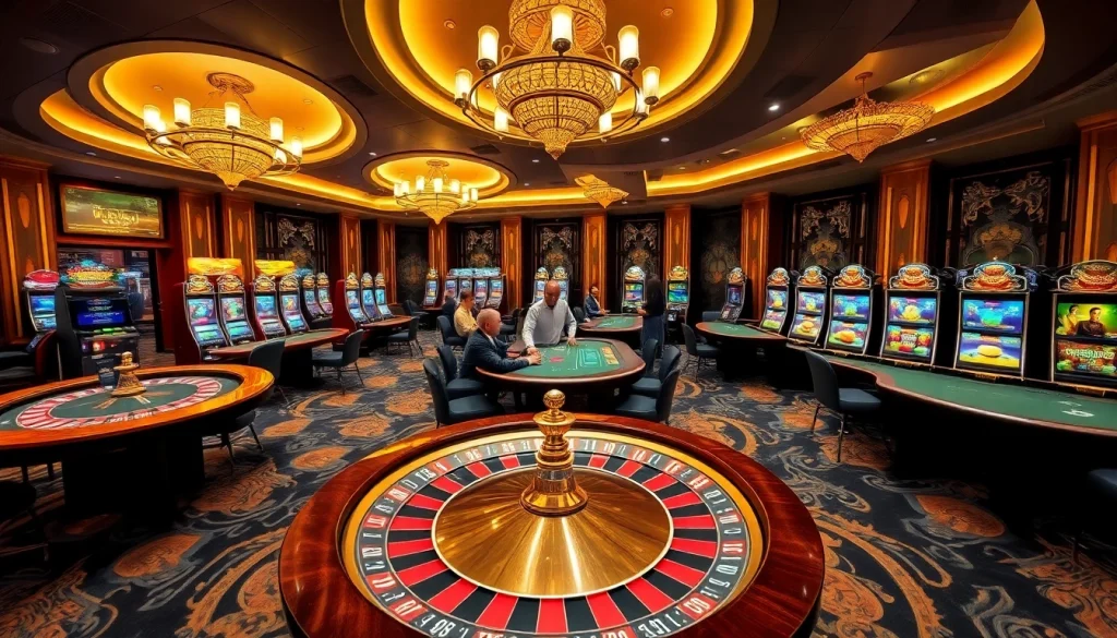 Experience the excitement of go 88 go88fc at a luxurious casino with vibrant gaming tables and flashing slot machines.