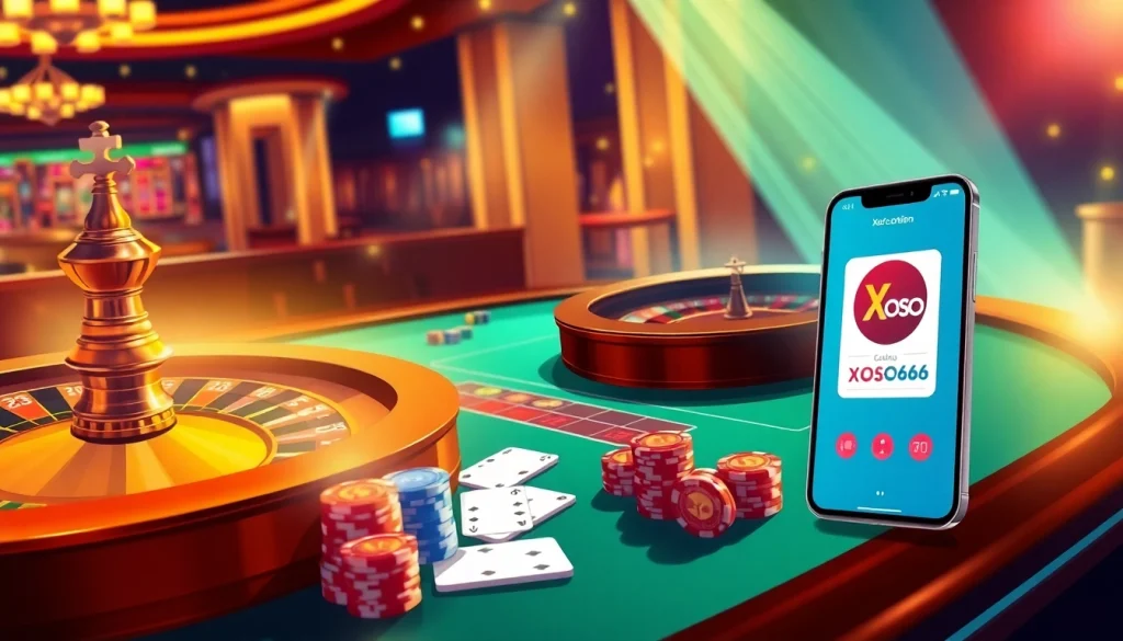 A lively casino scene with poker chips and a roulette wheel, showcasing xoso66 online gambling.