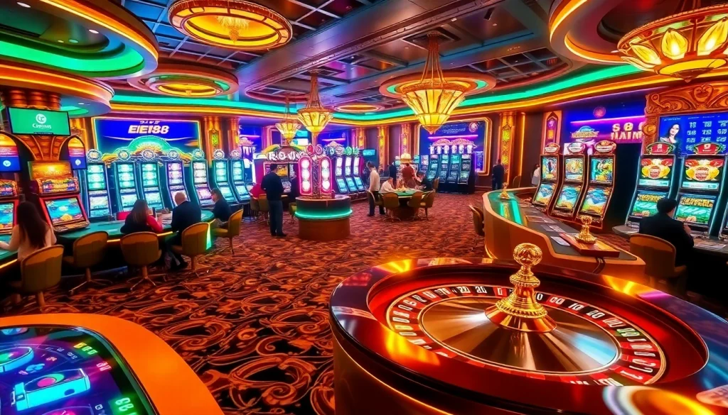 EE88 players engage in exciting online casino games at vibrant digital tables and slots.