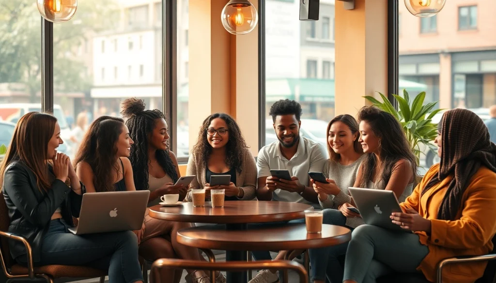 Engaging scene of OnlyFans nearby creators collaborating in a cozy café, highlighting diverse niches.