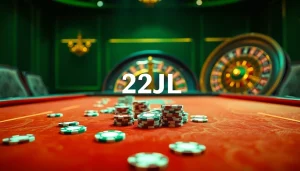 Experience the thrill of 22JL at a glamorous casino table filled with poker chips and cards.
