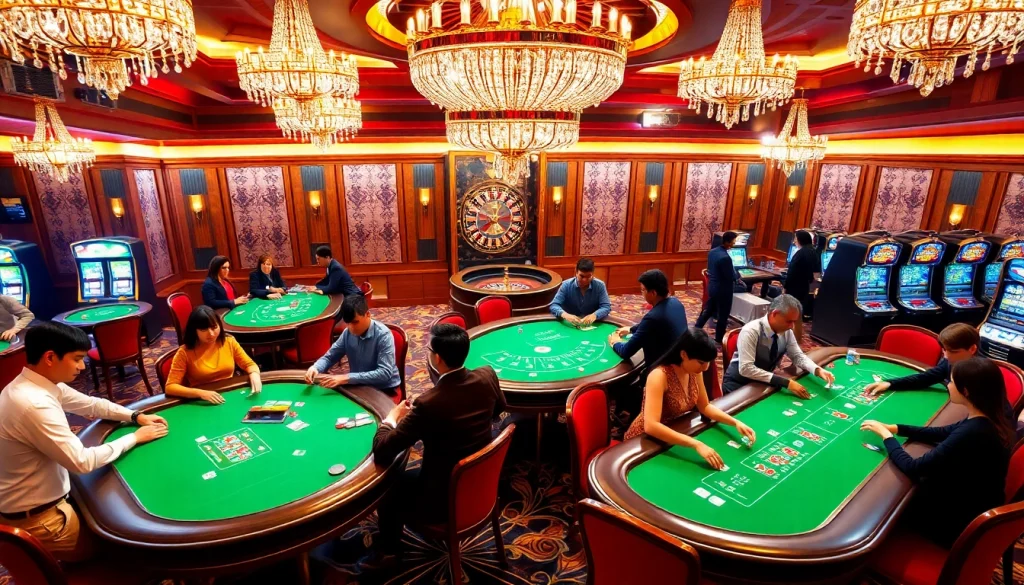 Engaging gambling scene at https://88okwin.com/ featuring players enjoying poker and roulette in a luxurious casino.