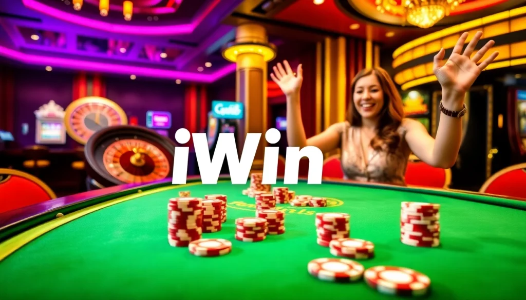 A player wins big at iWin casino with chips and excitement in a vibrant atmosphere.