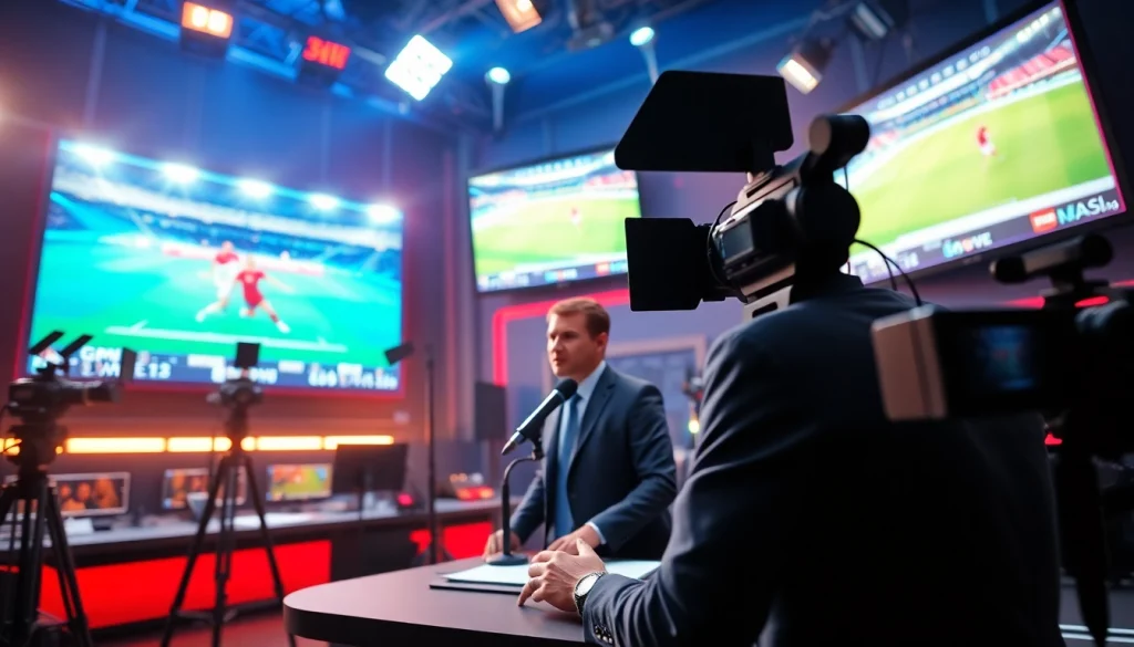Engaging scene of sports broadcasting featuring live coverage technologies and a presenter.